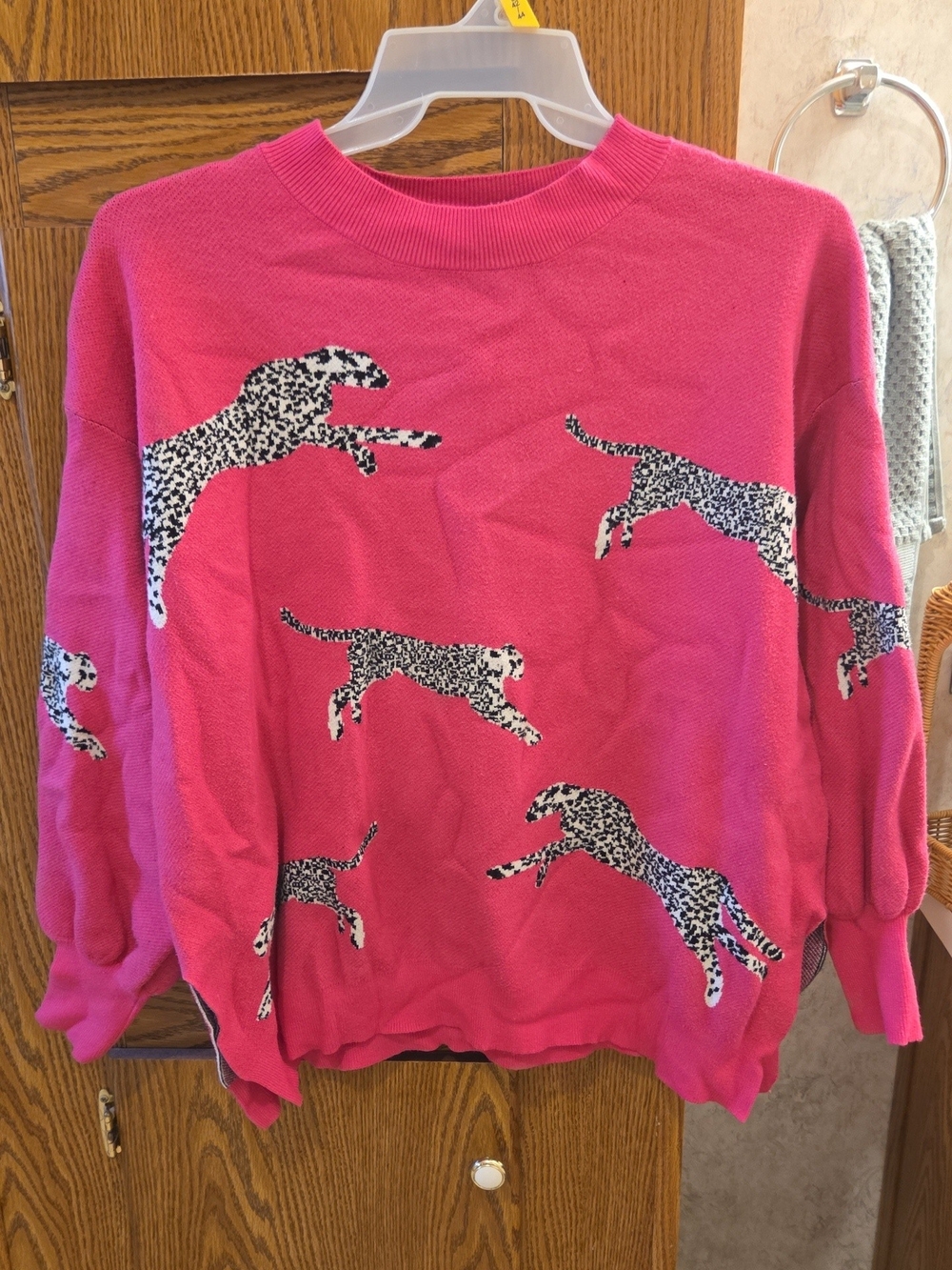She + Sky Hot Pink Leopard-Print Crewneck Sweater